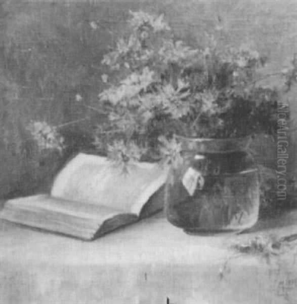 Flowers And Book Oil Painting by Lydia M. B. Hubbard