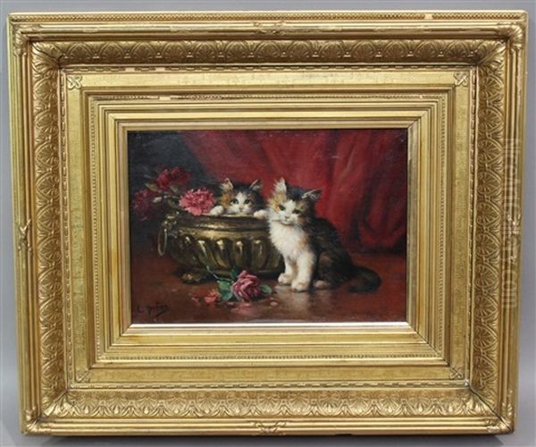 Les Chatons Jouant Dans La Jardiniere Oil Painting by Leon Charles Huber
