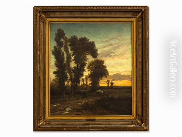 Landscape At Sunset Oil Painting by Wilhelm Jakob Huber