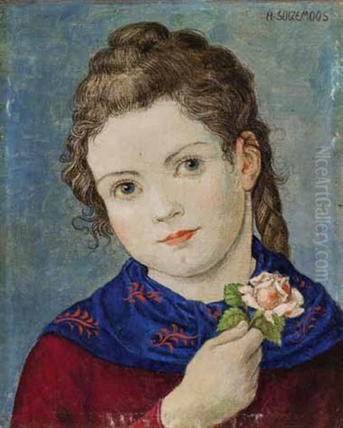 Madchen Mit Zopf Und Einer Kleinen Rose In Der Hand Oil Painting by Hans Huber-Sulzemoos