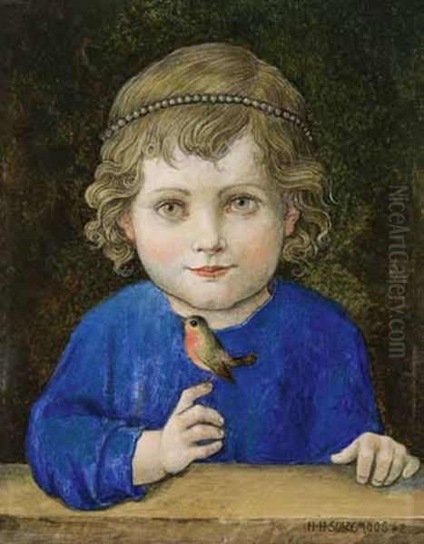 Blondes Madchen Mit Perlenkette Im Haar Halt Einen Kleinen Vogel Auf Dem Finger Oil Painting by Hans Huber-Sulzemoos