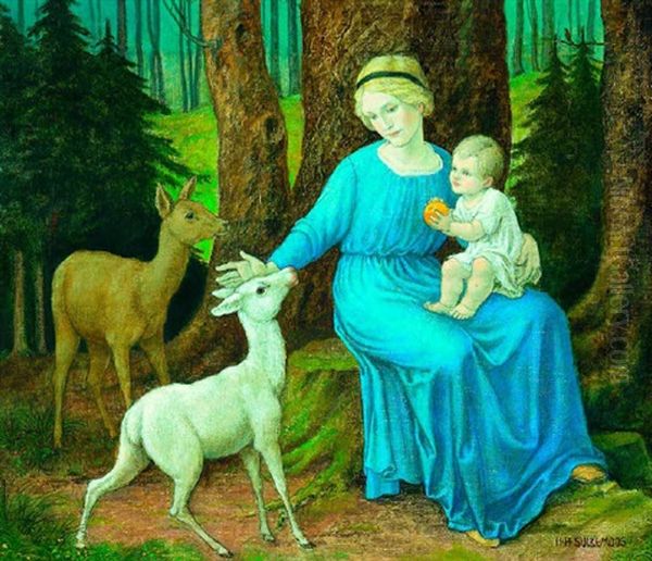 Mutter Mit Kind Und Rehen Im Wald Oil Painting by Hans Huber-Sulzemoos