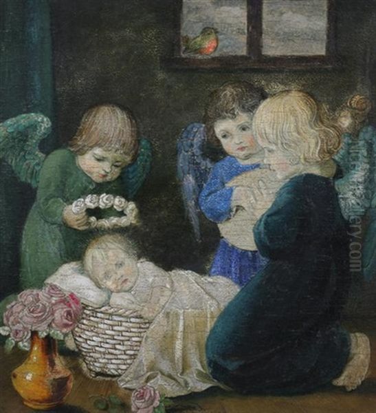 The Christ Child With Angels Oil Painting by Hans Huber-Sulzemoos