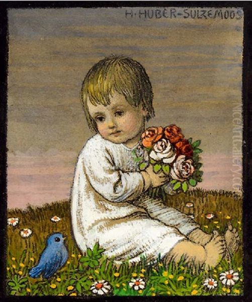 Sitzendes Kind Mit Blumenstraus Und Kleinem Blauem Vogel Oil Painting by Hans Huber-Sulzemoos