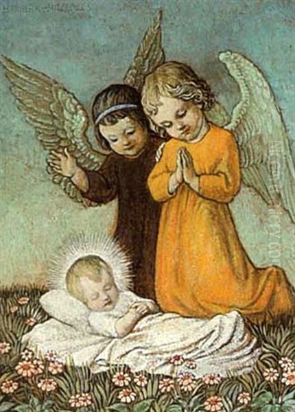 Zwei Engel Bewachen Das Schlafende Jesuskind Oil Painting by Hans Huber-Sulzemoos