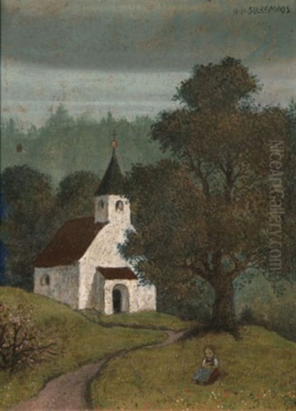 Blumenpfluckendes Madchen Vor Einer Kapelle Oil Painting by Hans Huber-Sulzemoos