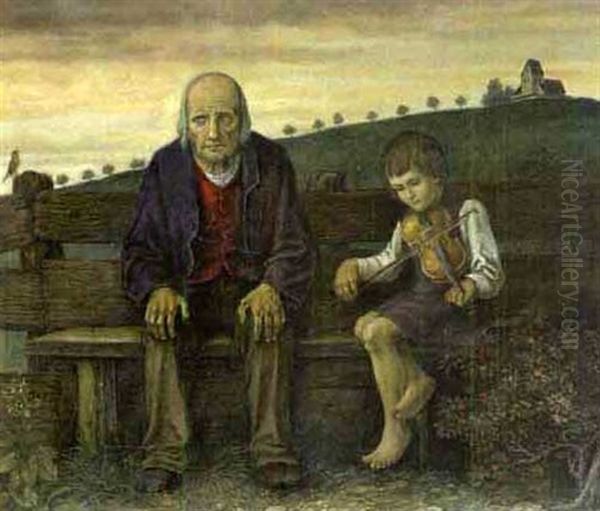 Vater Mit Geige Spielenden Sohn Auf Einer Bank Oil Painting by Hans Huber-Sulzemoos