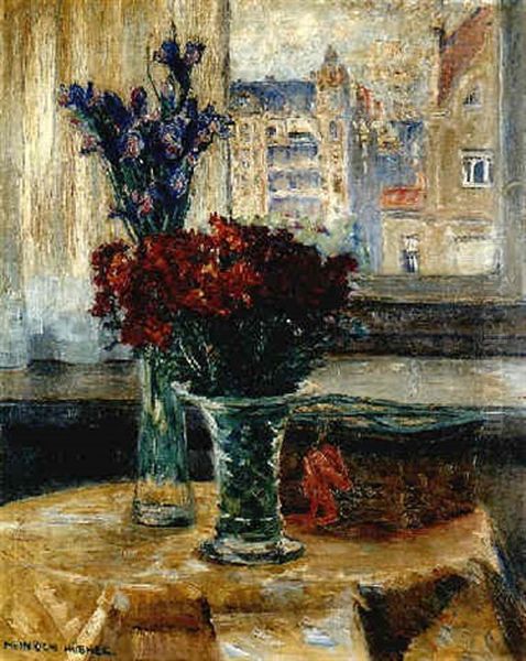 Still Life Of Flowers In Vases On A Table Before A Window Oil Painting by Heinrich (Ed. Julius H.) Huebner