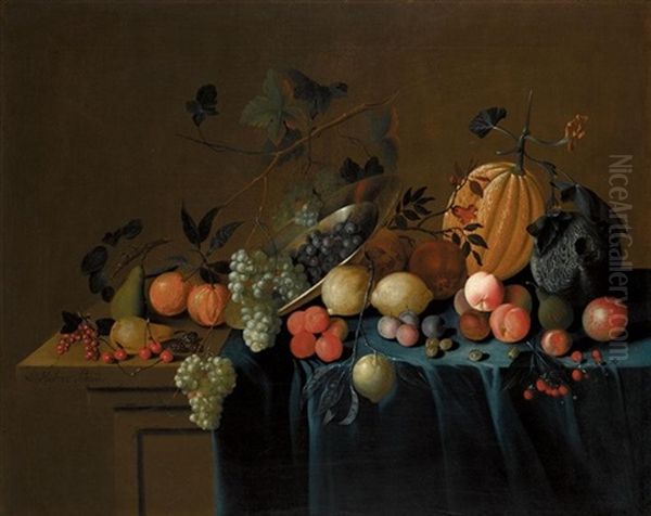 Still Life Of Fruit On A Draped Ledge Oil Painting by Louis (Lewis) Hubner