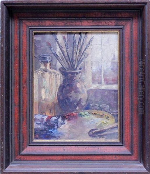 Atelierstillleben Mit Malpalette Und Blick Aus Fenster (wohl Im Atelier Des Kunstlers) Oil Painting by Ulrich Huebner