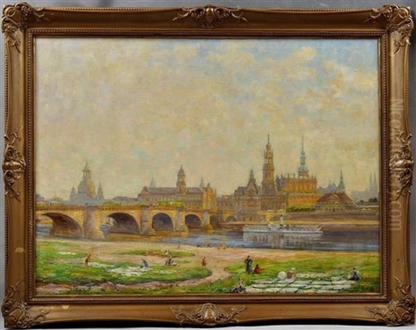 Ansicht Von Dresden. Sommerliche Abendstimmung, Im Vordergrund Auf Den Elbwiesen Frauen Beim Waschebleichen Oil Painting by Karl Huebschmann