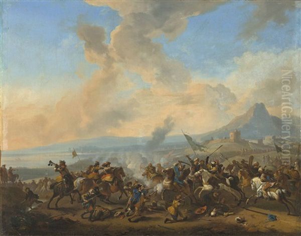 A Cavalry Battle Scene Oil Painting by or Huchtenburgh, Jan van Huchtenberg
