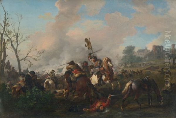 A Cavalry Battle, With A Town Beyond Oil Painting by or Huchtenburgh, Jan van Huchtenberg