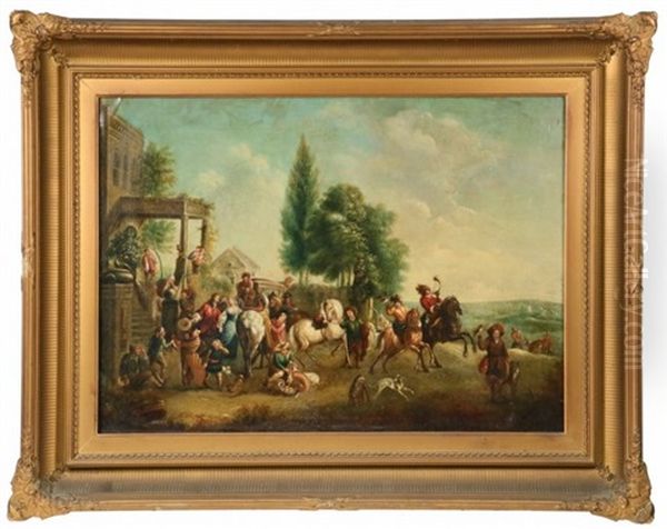 Hunting Party Prepares To Depart The Manor House Oil Painting by or Huchtenburgh, Jan van Huchtenberg