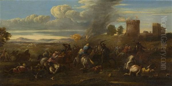 A Cavalry Engagement Oil Painting by or Huchtenburgh, Jan van Huchtenberg