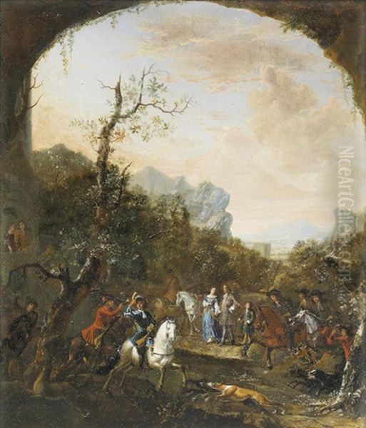 An Elegant Company Departing For The Hunt Oil Painting by or Huchtenburgh, Jan van Huchtenberg