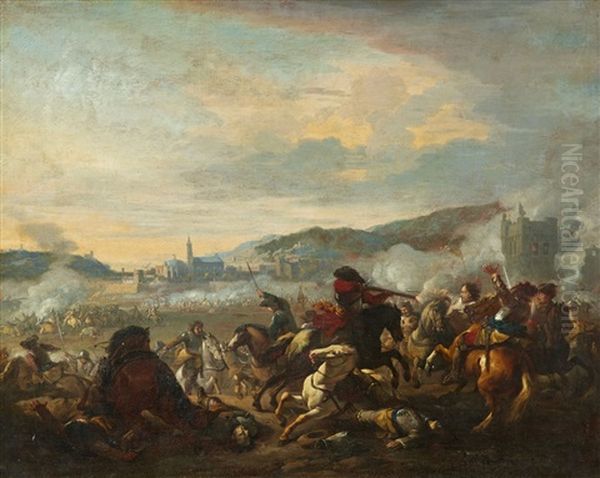 A Battle Scene Oil Painting by or Huchtenburgh, Jan van Huchtenberg