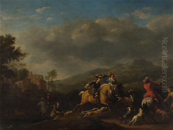 Hunting Party Oil Painting by or Huchtenburgh, Jan van Huchtenberg