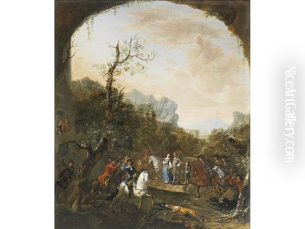 An Elegant Company Departing For The Hunt Oil Painting by or Huchtenburgh, Jan van Huchtenberg