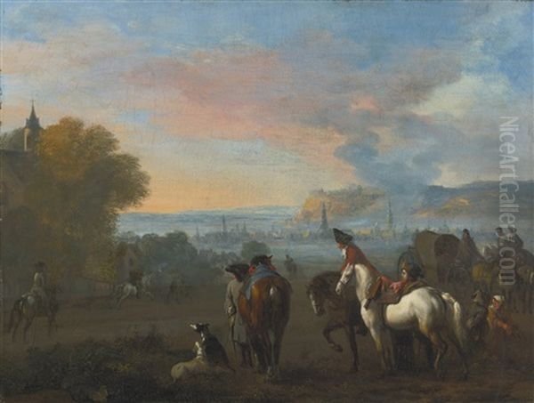 Landscape With Two Horsemen Duelling, Figures And A Town Beyond Oil Painting by or Huchtenburgh, Jan van Huchtenberg