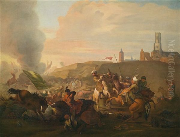 Ein Reitergefecht Zwischen Kaiserlichen Und Osmanischen Soldaten Vor Einer Befestigten Stadt Oil Painting by or Huchtenburgh, Jan van Huchtenberg