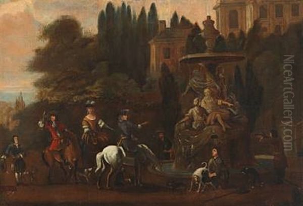 A Hunting Party Resting Near A Roman Fountain Oil Painting by or Huchtenburgh, Jan van Huchtenberg