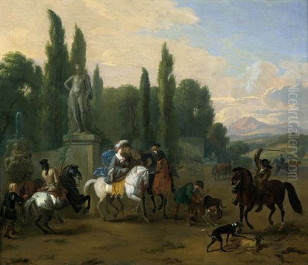 Italienische Landschaft Mit Jagdgesellschaft Oil Painting by or Huchtenburgh, Jan van Huchtenberg