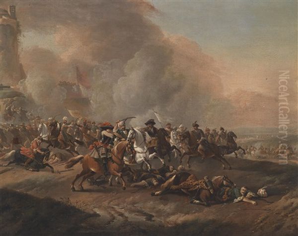 Ein Reitergefecht Vor Einer Festung Oil Painting by or Huchtenburgh, Jan van Huchtenberg