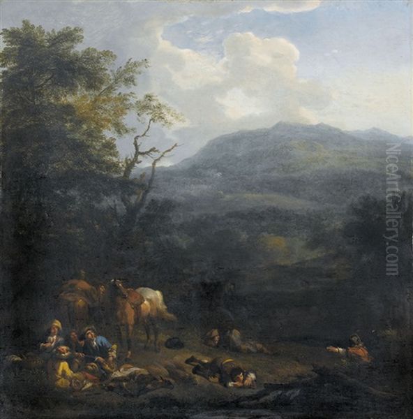 Landschaft Mit Rastenden Reitern Oil Painting by or Huchtenburgh, Jan van Huchtenberg