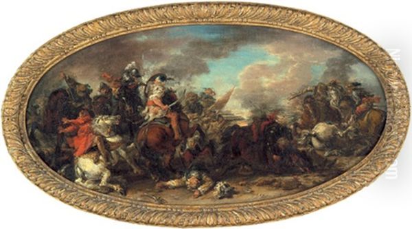 Reitergefecht Im Turkenkrieg (+ Berittene Generale Im Feld; 2 Works) Oil Painting by or Huchtenburgh, Jan van Huchtenberg