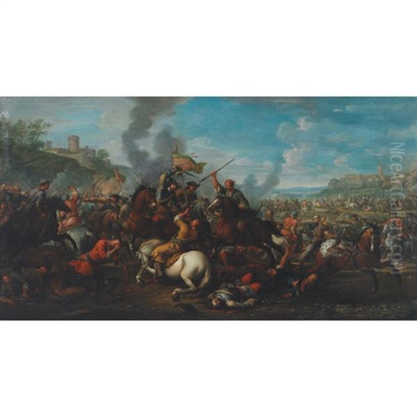 Cavalry Skirmish In An Extensive Landscape (prince Eugene De Savoy's Cavalry Battling The Turks?) Oil Painting by or Huchtenburgh, Jan van Huchtenberg