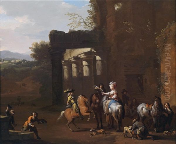 Eine Elegante Jagdgesellschaft Bei Der Rast In Der Romischen Campagna Oil Painting by or Huchtenburgh, Jan van Huchtenberg