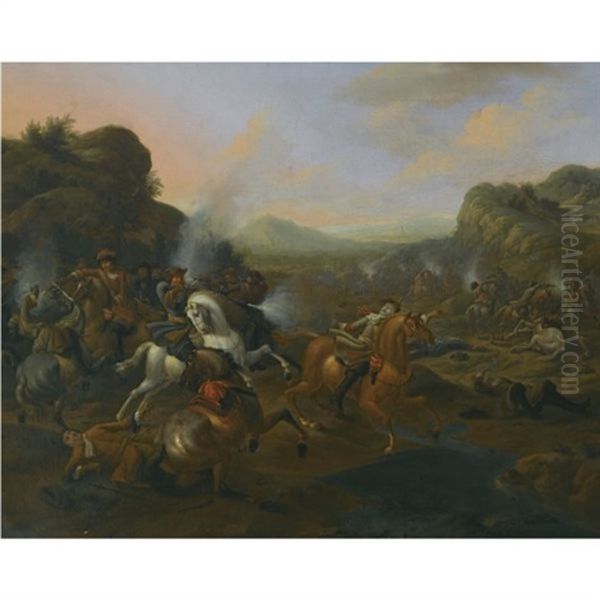 A Cavalry Battle Scene Oil Painting by or Huchtenburgh, Jan van Huchtenberg