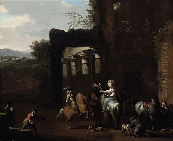 A Hunting Party At Rest Beside Classical Ruins Oil Painting by or Huchtenburgh, Jan van Huchtenberg