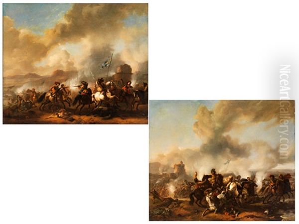 Schlachtenszenen In Weiter Landschaft Vor Festungsanlagen (pair) Oil Painting by or Huchtenburgh, Jan van Huchtenberg