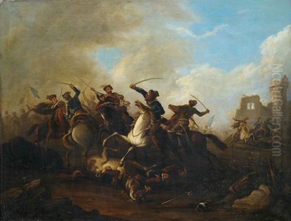 Reitergefecht Im Pulverdampf Oil Painting by or Huchtenburgh, Jan van Huchtenberg