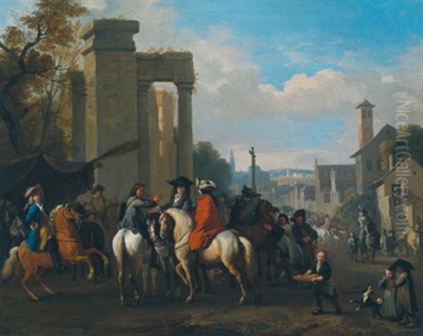 Rastende Reiter In Einer Italienischen Stadt Oil Painting by or Huchtenburgh, Jan van Huchtenberg