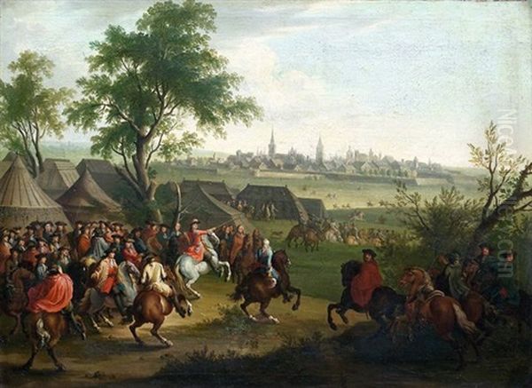 Belagerung Einer Stadt Mit Ausruckendem Feldherr (+ Reiterscharmuzel Am Rande Eines Waldchens; 2 Works) Oil Painting by or Huchtenburgh, Jan van Huchtenberg