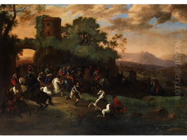 Reitergefecht In Landschaft Mit Vom Pferd Gesturztem Hauptmann Oil Painting by or Huchtenburgh, Jan van Huchtenberg