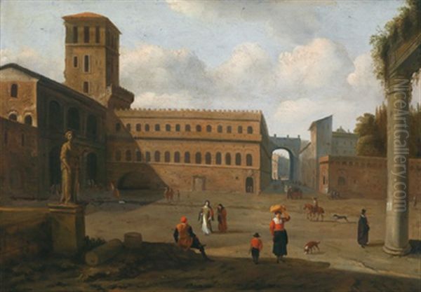 Blick Auf Den Platz Einer Italienischen Stadt Mit Einem Renaissance Palazzo Und Figuren Oil Painting by or Huchtenburgh, Jan van Huchtenberg