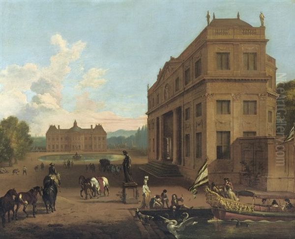Chateau Vaux-le-vicomte, Near Paris With Elegant Company Oil Painting by or Huchtenburgh, Jan van Huchtenberg