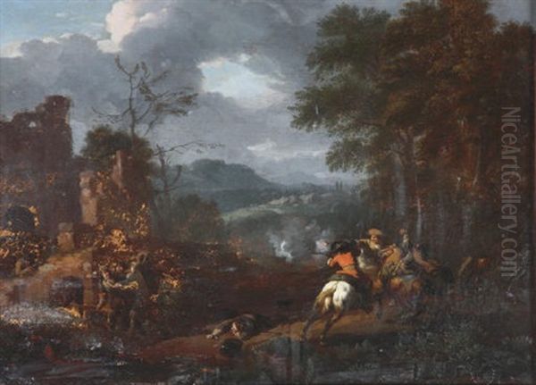 A Cavalry Skirmish In An Extensive Hilly Landscape Oil Painting by or Huchtenburgh, Jan van Huchtenberg