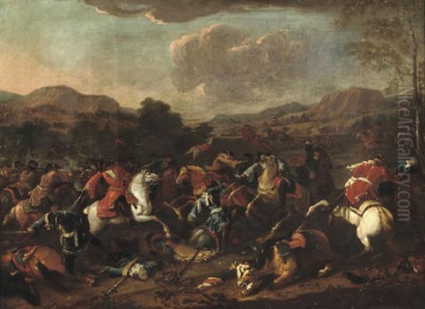 A Cavalry Skirmish In An Extensive River Landscape (prince Eugene De Savoy?) Oil Painting by or Huchtenburgh, Jan van Huchtenberg