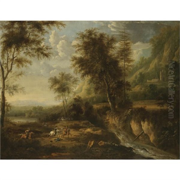 A Military Skirmish In An Expansive Wooded River Landscape Oil Painting by or Huchtenburgh, Jan van Huchtenberg