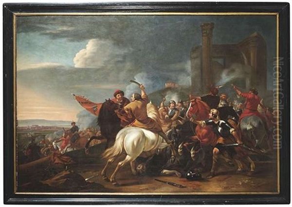 Reitergefecht Vor Ruinen Eines Klassischen Gebaudes Oil Painting by or Huchtenburgh, Jan van Huchtenberg