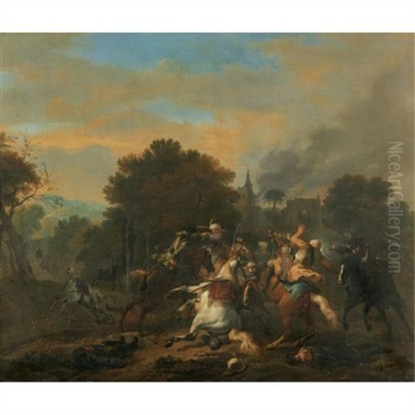 A Cavalry Skirmish Between Turks And Christians In A Wooded Landscape Oil Painting by or Huchtenburgh, Jan van Huchtenberg