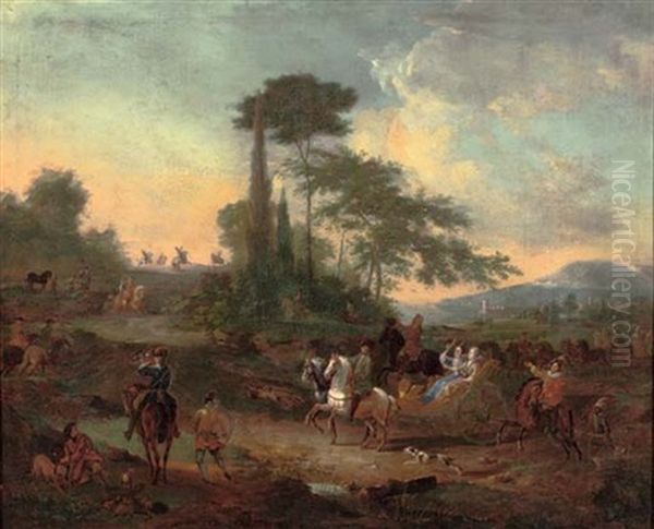 A Falconry Hunt In A Wooded Landscape With An Elegant Party In A Horse-drawn Carriage Oil Painting by or Huchtenburgh, Jan van Huchtenberg