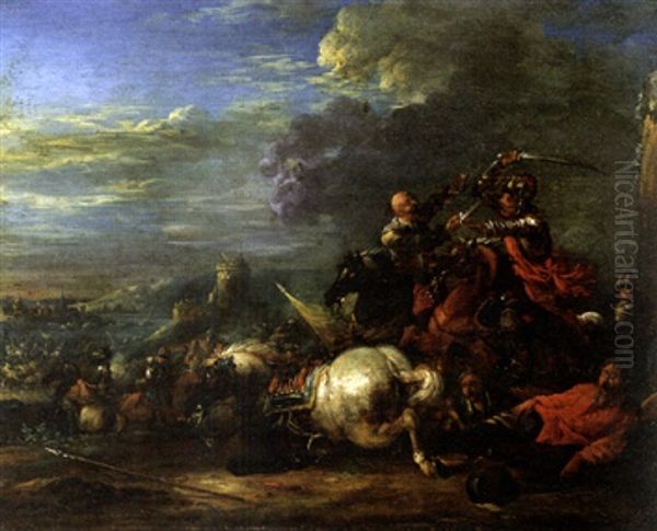 Cavalry Skirmish Oil Painting by or Huchtenburgh, Jan van Huchtenberg