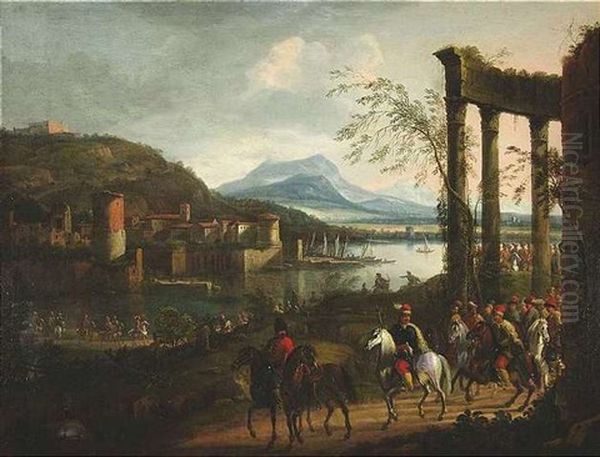 Berittene Husaren Vor Einer Mediterranen Hafenstadt Oil Painting by or Huchtenburgh, Jan van Huchtenberg