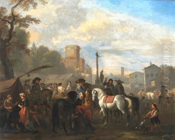 Militarisches Zeltlager Vor Einer Stadt, Im Vordergrund Ein Hufschmied Bei Der Arbeit Oil Painting by or Huchtenburgh, Jan van Huchtenberg